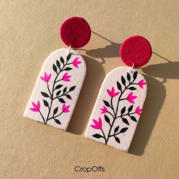 Hand-Painted Floral Arch Earrings - Pink & Black Botanical Design Modern, Trendy Fashion