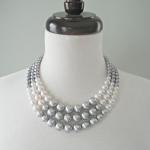 Elegant Gradient Pearl Necklace – Triple Strand White & Silver Statement Jewelry