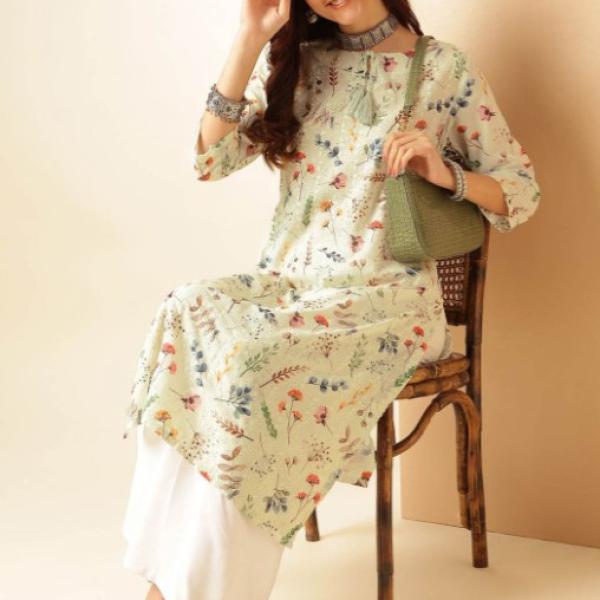 Wonderful Off White Floral Printed Thread Work Pure Cotton Straight Kurta