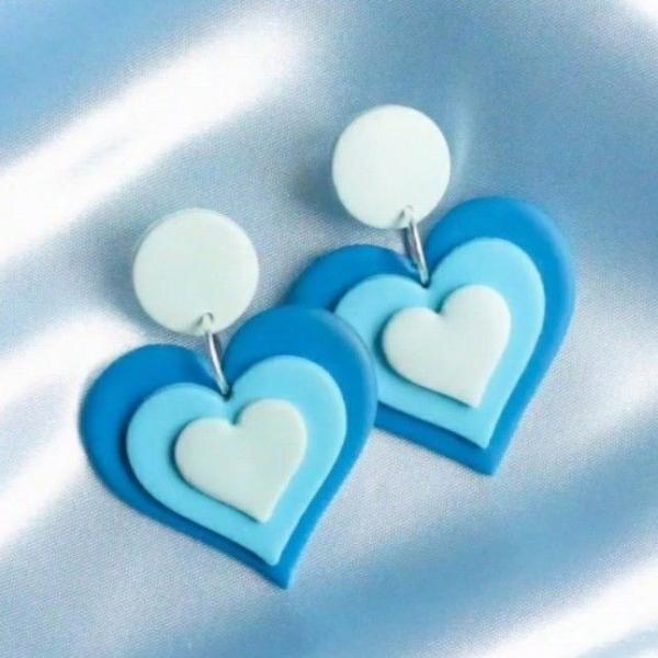 Ocean Hearts Drop Earrings – Handmade Layered Love in Blue Gradient