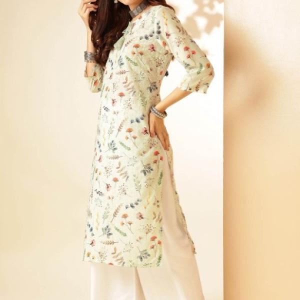 Wonderful Off White Floral Printed Thread Work Pure Cotton Straight Kurta