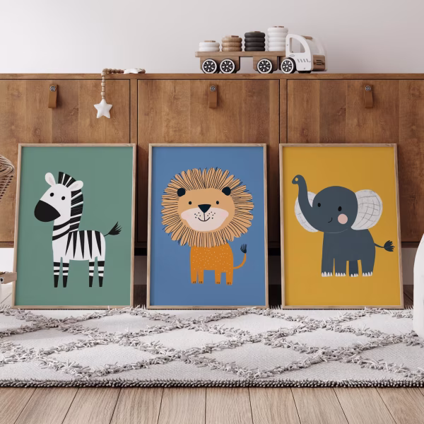 Safari Animal Nursery Boho Jungle Art on PVC Board with Double Sided Tape to Stick on Wall or any other surface, Set of 3