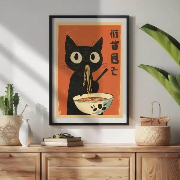 Retro Hungry Black Cat Ramen Poster Japanese Food Art Print on PVC Board with Double sided tape - Size 6"inch x 8"inch