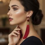 Crimson Red Tassel Earrings with Gold Beaded Cap & Ruby Crystal Accent Modern, Trendy Fashion