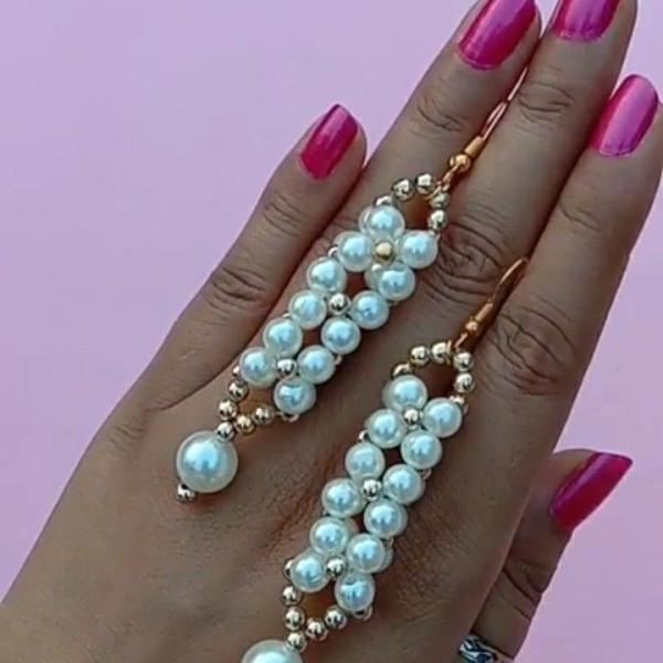 Handcrafted Woven Pearl and Gold Bead Dangle Earrings