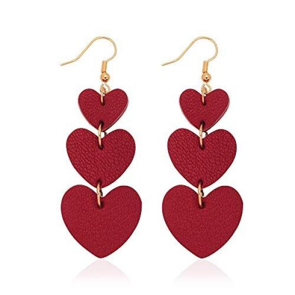 Triple Tiered Red Heart Dangle Earrings - Faux Leather Love Drop Earrings