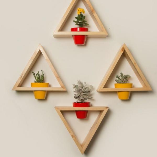 Triangle Bloom Wall Planter – 4 Pc Geometric Wooden Frame Shelf Set