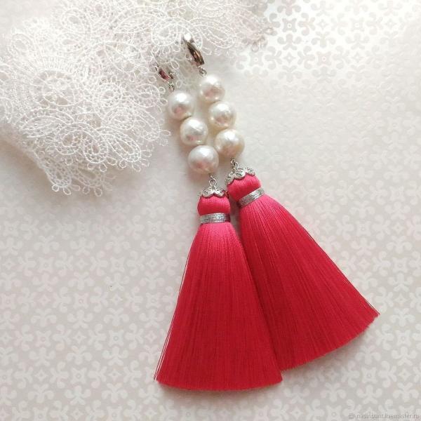 Pearl Cascade Red Tassel Earrings – Handmade Elegance for Festive Glamour