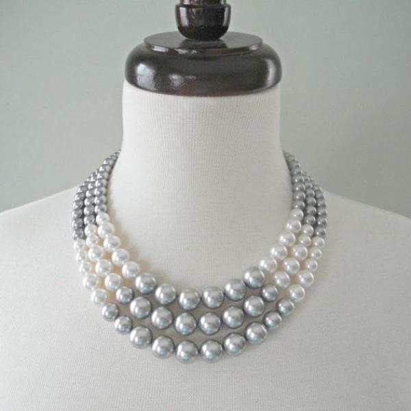 Elegant Gradient Pearl Necklace – Triple Strand White & Silver Statement Jewelry