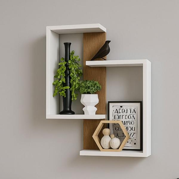 Dual Harmony Wall Shelf – Geometric White & Wood Display Unit