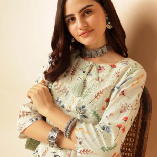 Wonderful Off White Floral Printed Thread Work Pure Cotton Straight Kurta