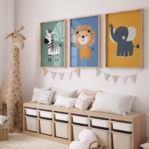 Safari Animal Nursery Boho Jungle Art on PVC Board with Double Sided Tape to Stick on Wall or any other surface, Set of 3