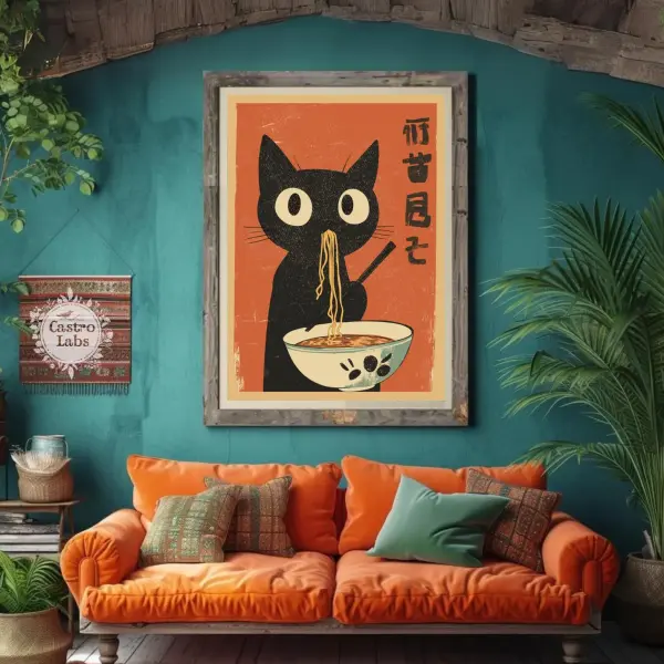Retro Hungry Black Cat Ramen Poster Japanese Food Art Print on PVC Board with Double sided tape - Size 6"inch x 8"inch